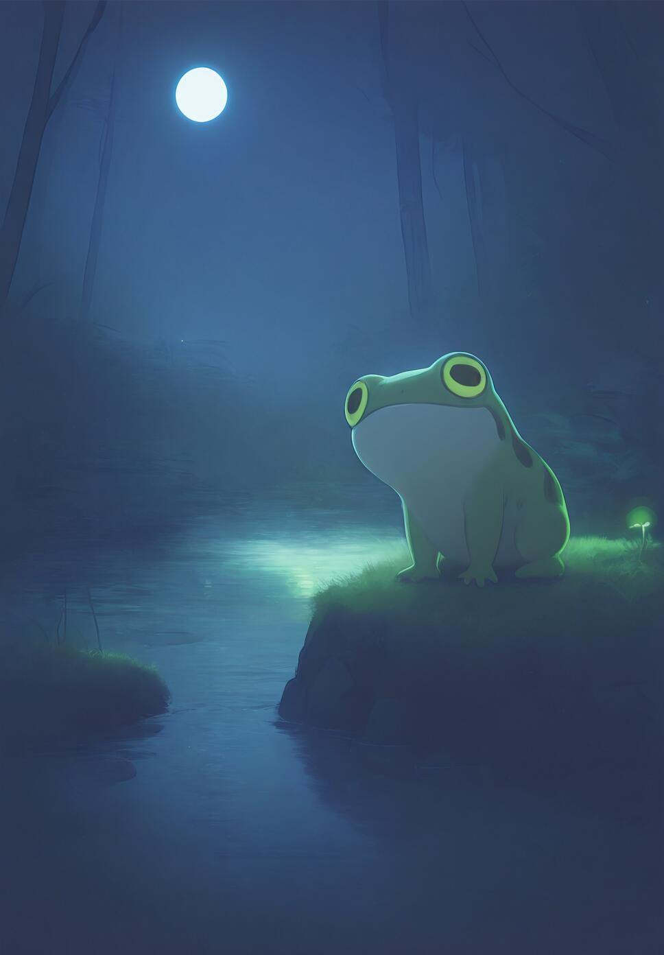 A close-up shot of a green-eyed frog on a lily pad in a dark pond illuminated by moonlight and fireflies.