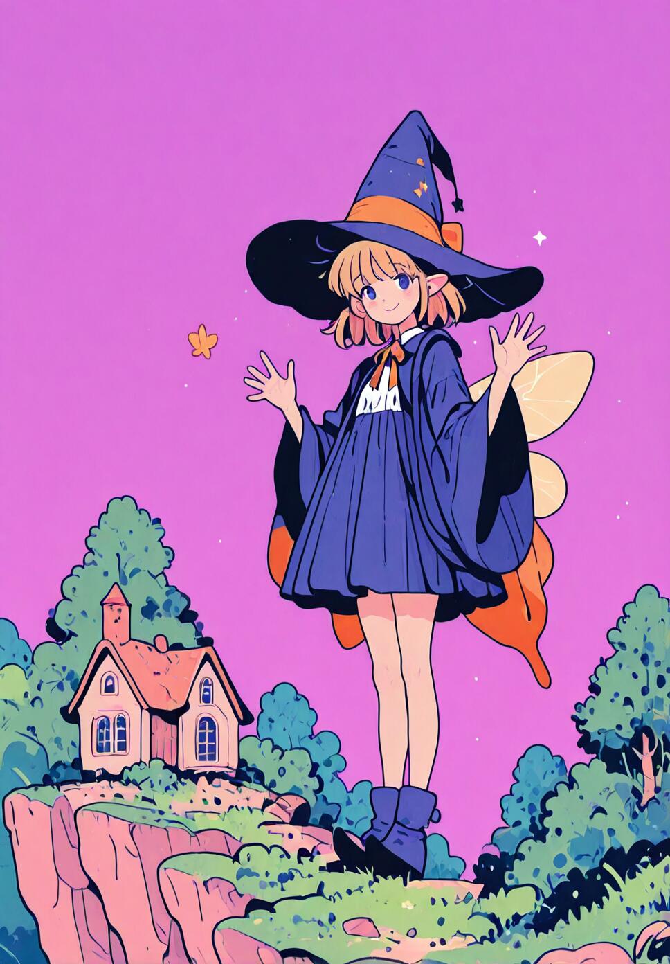 A beautiful fairy girl with magical wings flying over a lush forest and steep cliffs, waving and smiling.