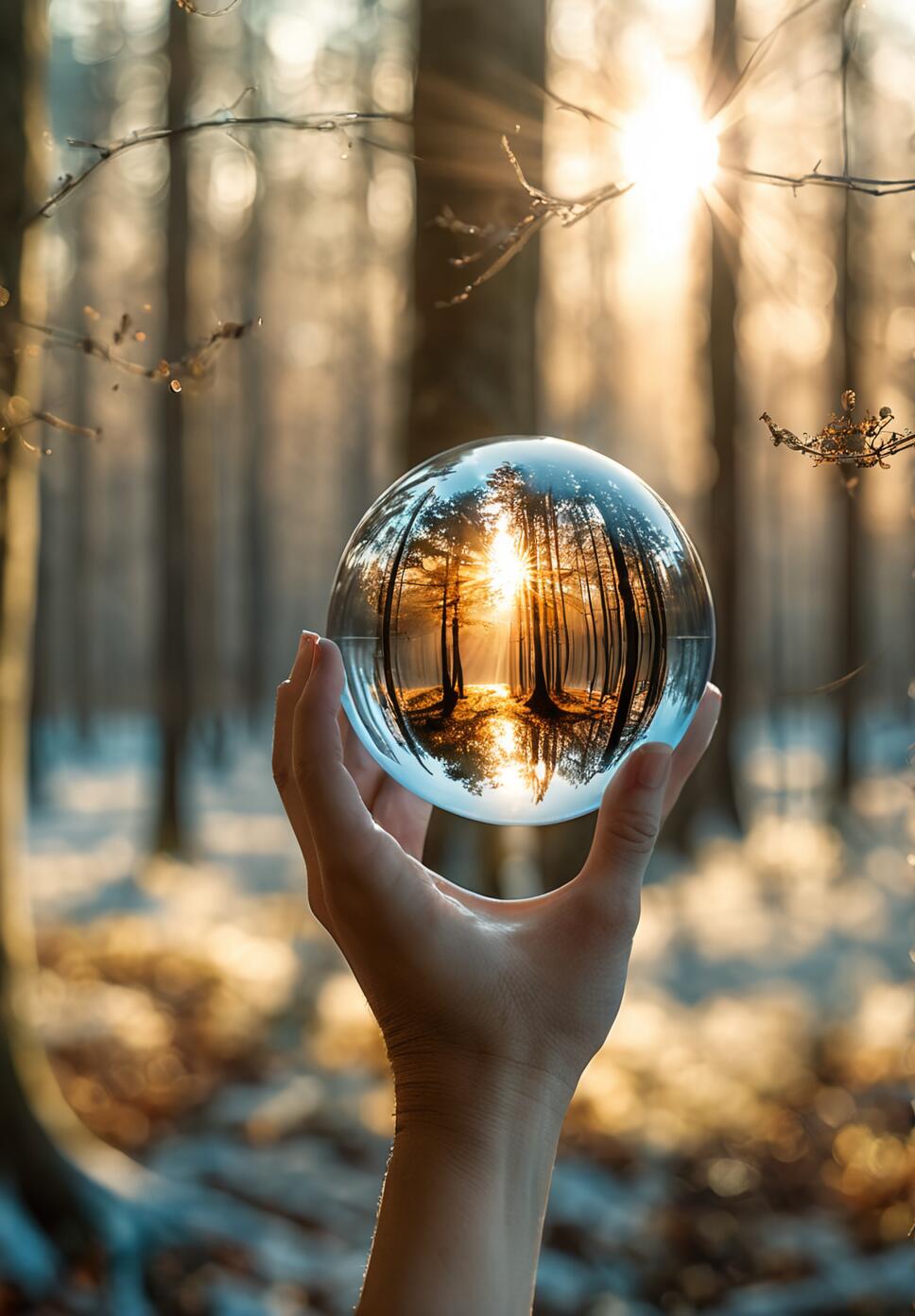 A close-up of a hand holding a glass orb that reflects an inverted, serene forest scene with warm sunlight and bokeh.