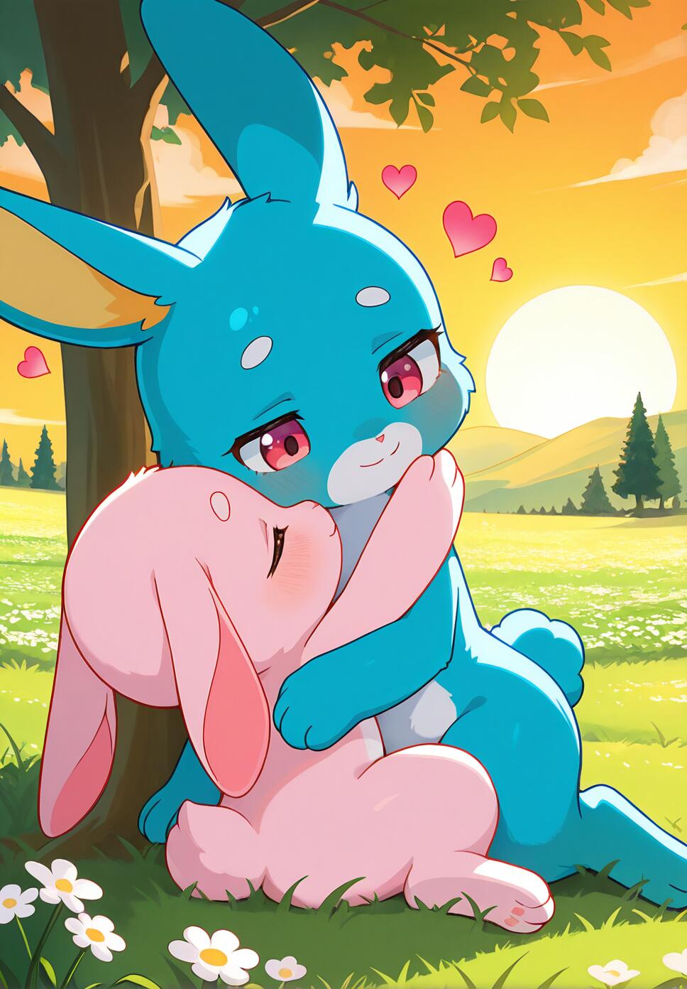 Two fluffy rabbits, one blue and one pink, nuzzling each other affectionately in a flower-filled meadow under a soft sunset light.