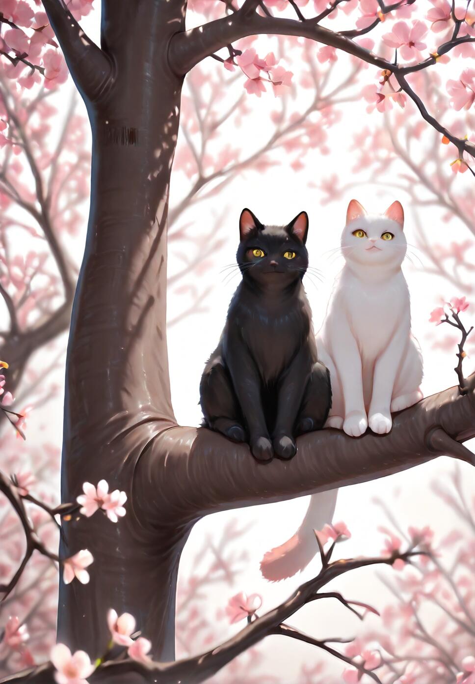 A black cat and a white cat facing each other on a blooming tree branch with a pink heart in the foreground.