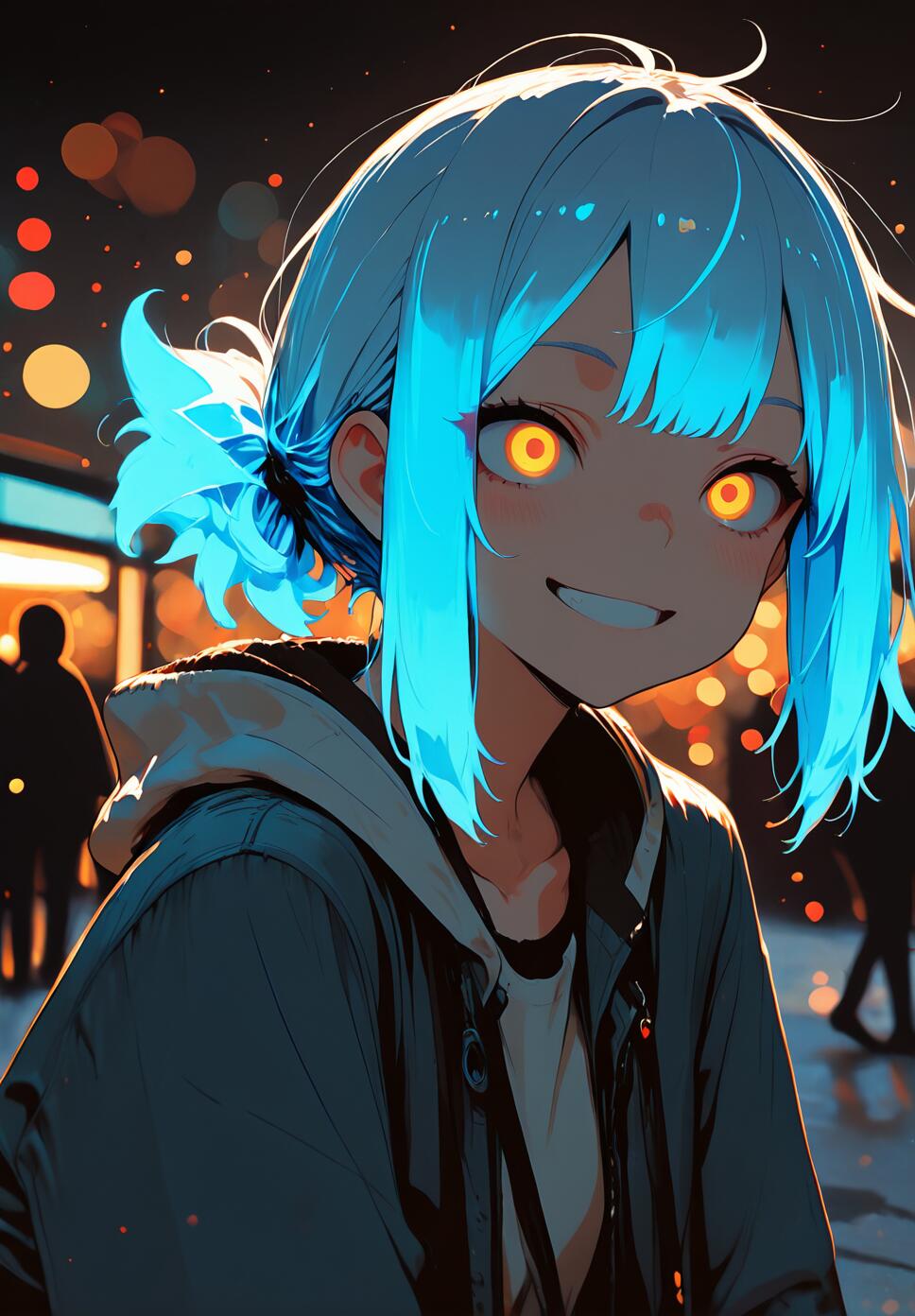 A beautiful woman with luminous, glowing hair smiling amidst a soft breeze with bokeh lighting and dynamic depth of field.