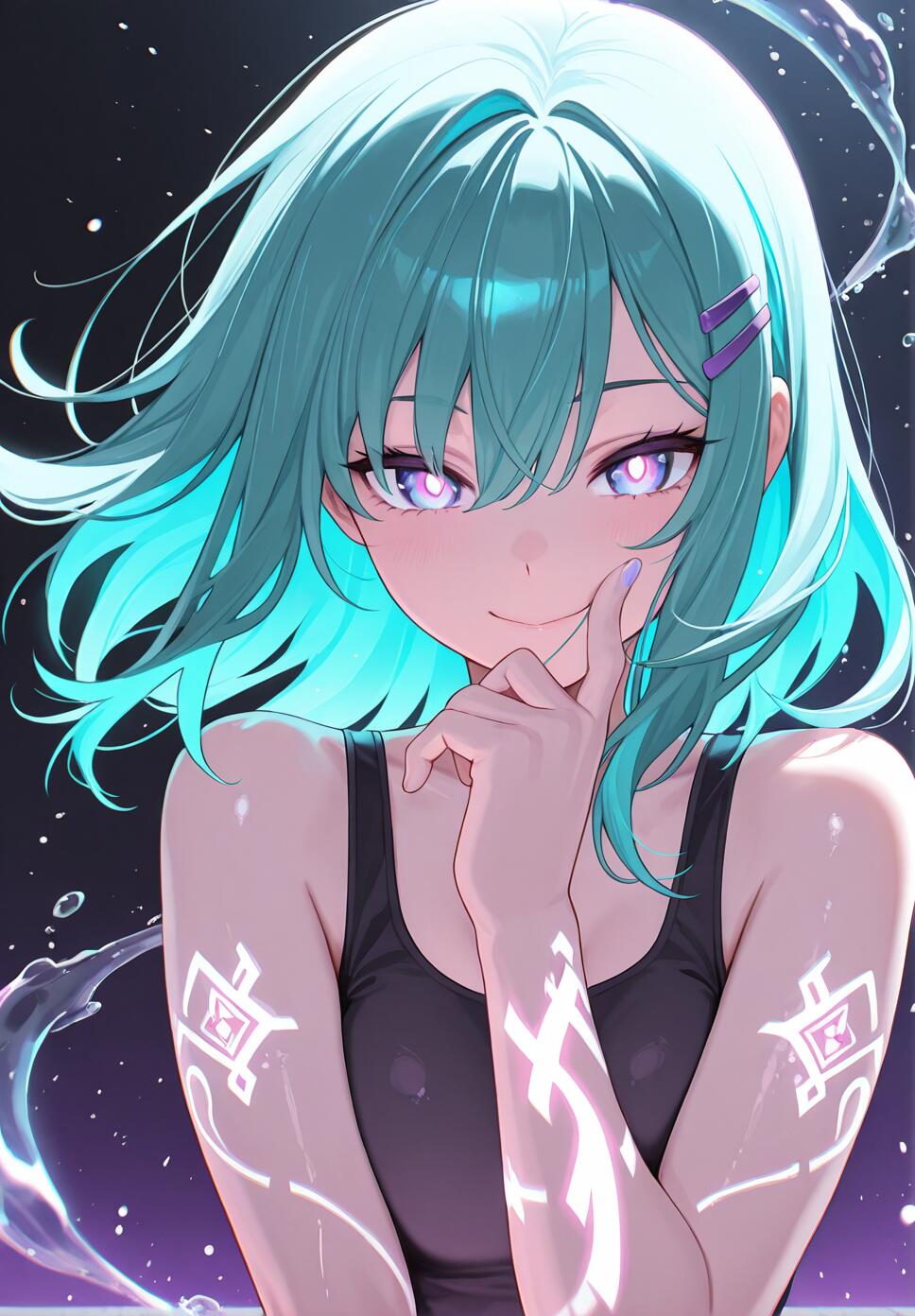 A girl with long aqua two-tone hair, glowing purple eyes, and glowing tattoos on her arms, surrounded by floating water and magical particles.