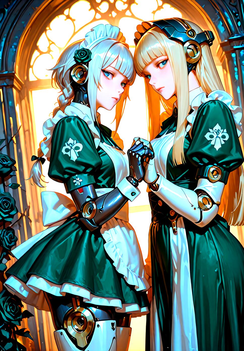 Two humanoid cyborg maidens with mechanical skin and white headgear, one blonde in a green maid outfit and one silver-haired in a white maid outfit, holding hands.