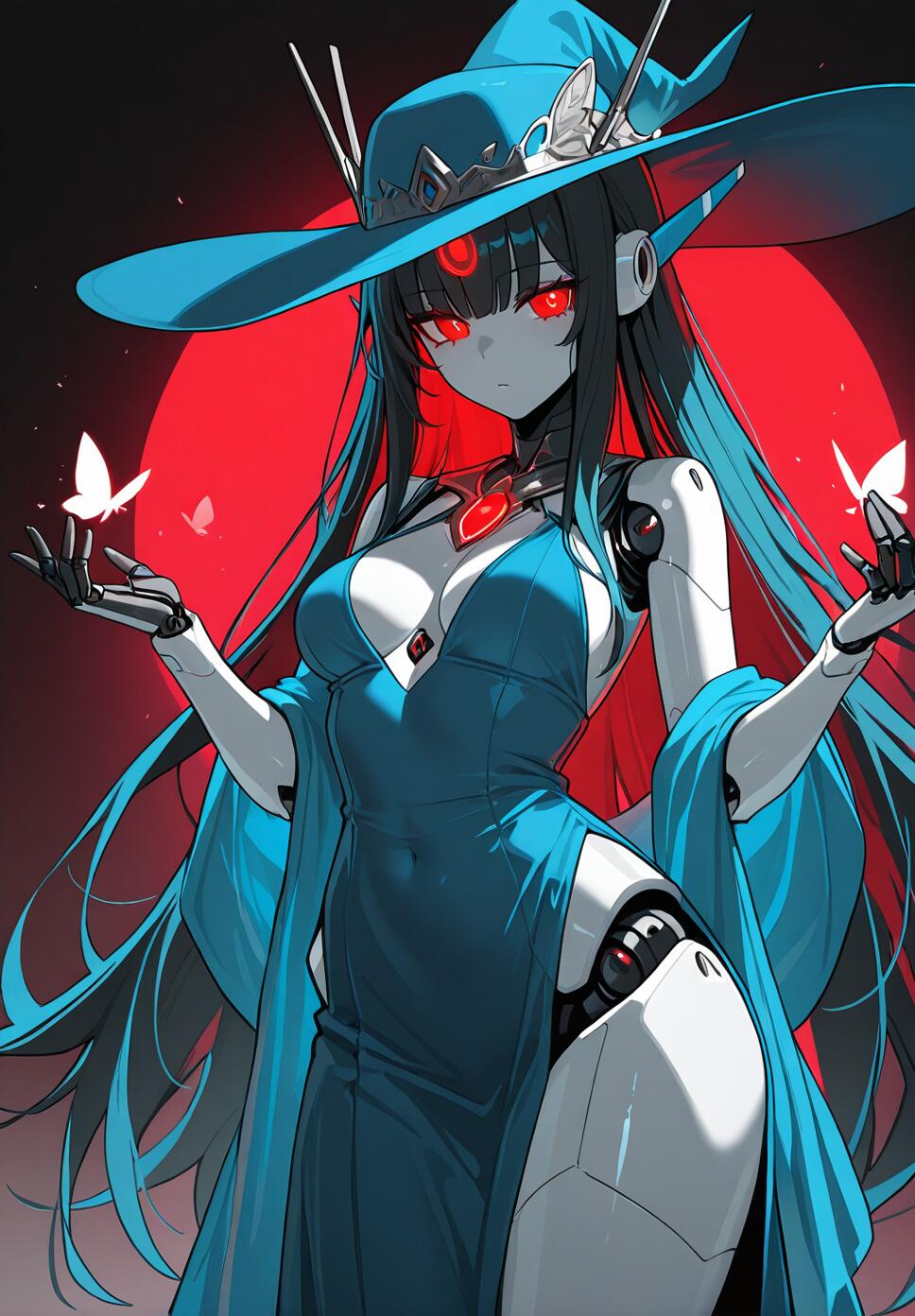 A humanoid robot girl with red glowing eyes, wearing a blue dress and a hat, surrounded by glowing butterflies and mechanical parts.