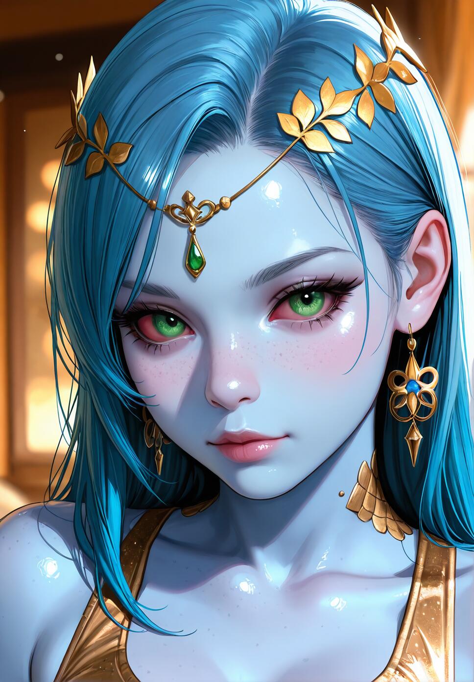 A close-up portrait of a mystical woman with blue skin, green eyes, and flowing blue hair adorned with gold glitter.