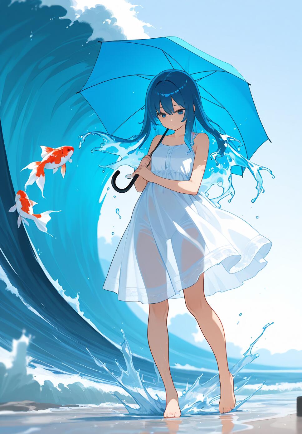 A flat vector illustration of a girl with long blue hair and a transparent blue sundress holding a blue umbrella amidst splashing waves and koi fish.