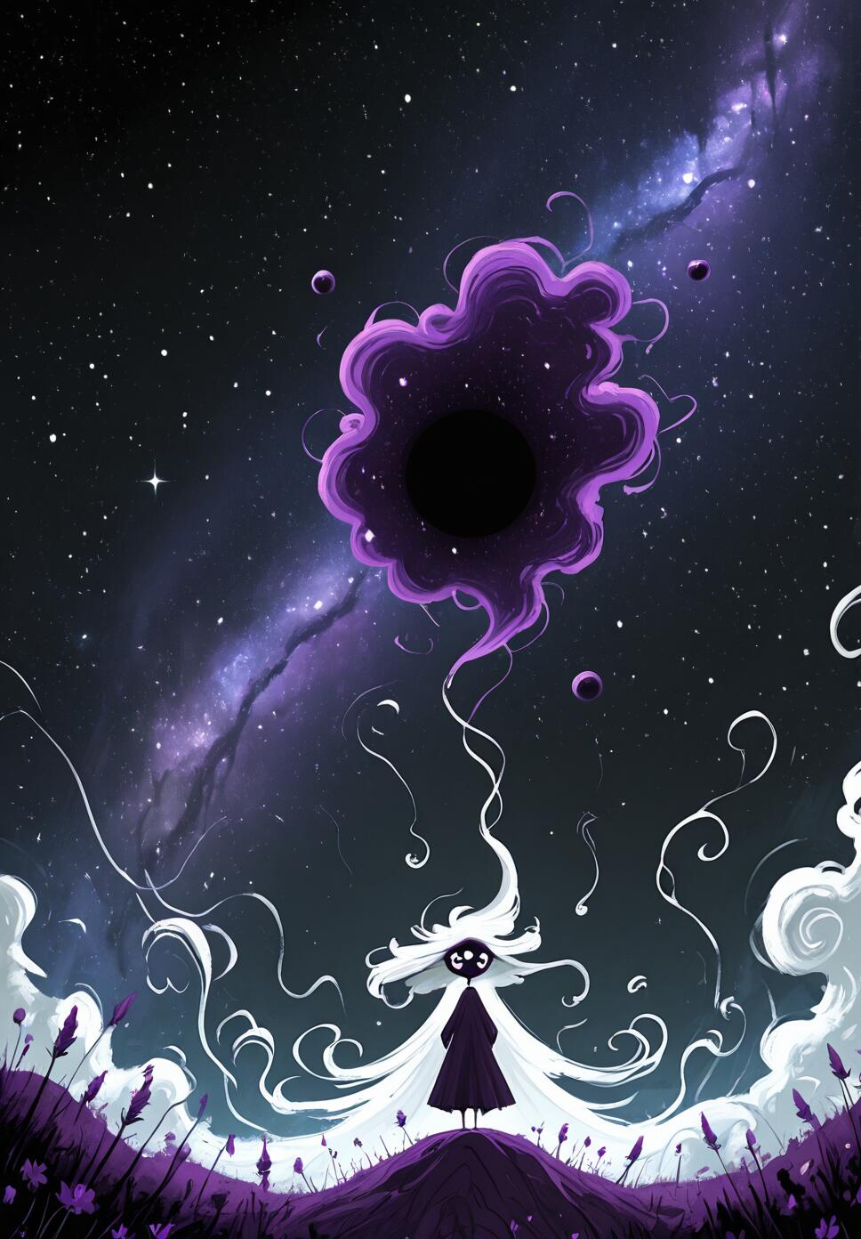 A dark whimsical cosmic spirit with large white eyes and flowing nebula hair, featuring a purple flower against a deep space background.