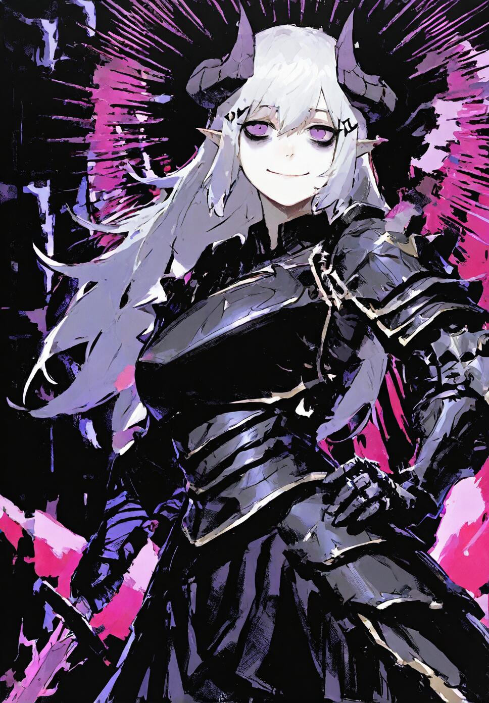 A white-haired demon girl in full armor with purple eyes and black sclera holding a sword against an abstract black background.