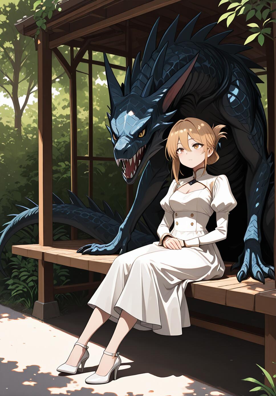 A wide-angle full body shot of a girl with a folded ponytail and puffy sleeves sitting in dappled sunlight wearing white strappy heels.