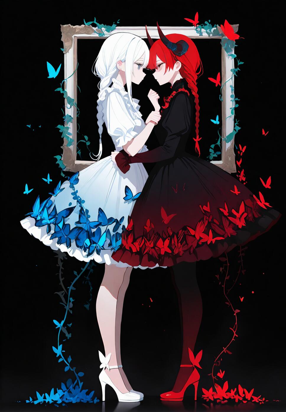 Two horned girls with long white hair and braided red hair, wearing red and white frilled dresses, facing each other amidst butterflies and vines.