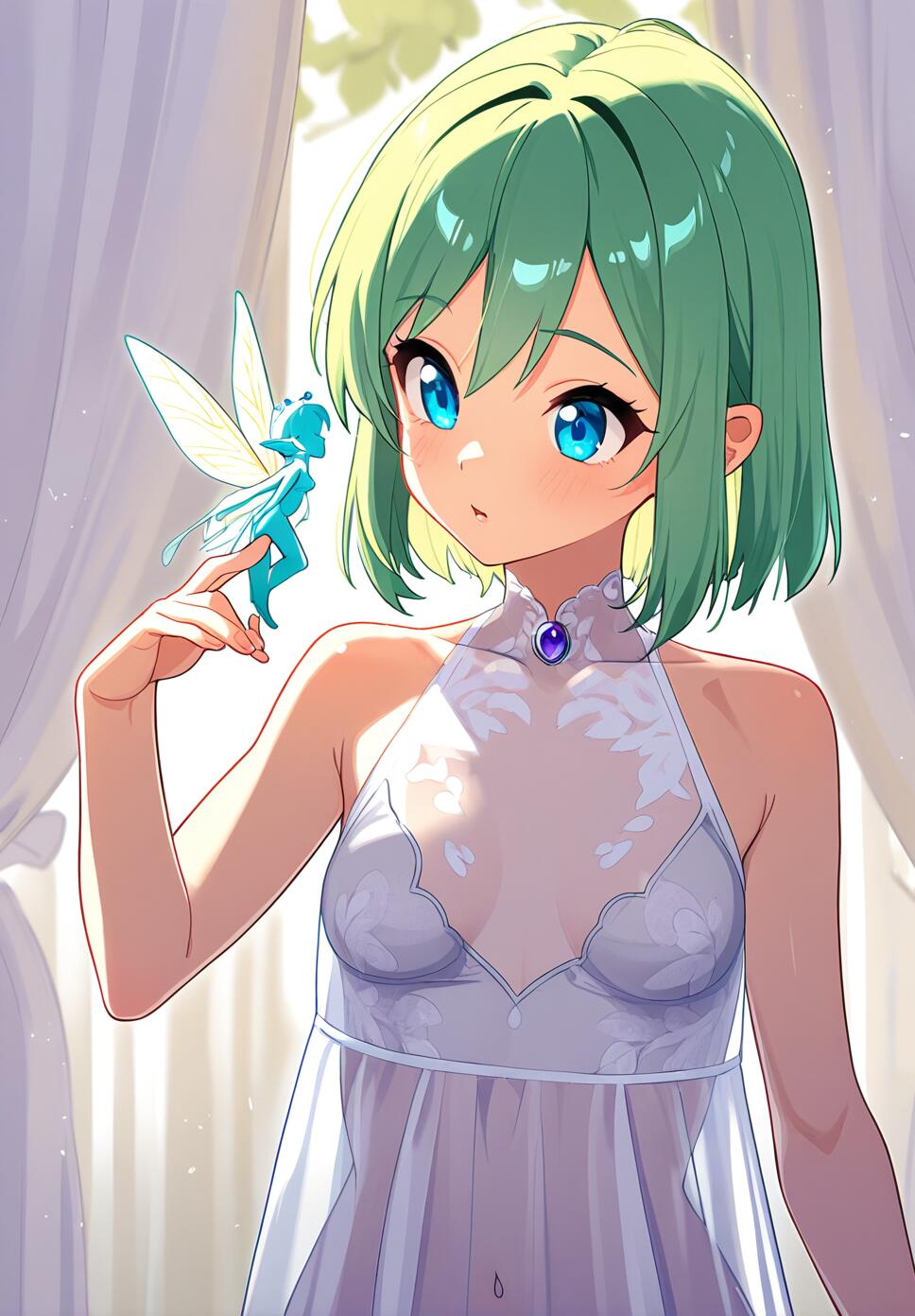 A close-up portrait of a slender fairy with beautiful, detailed eyes and translucent clothing under dramatic lighting.