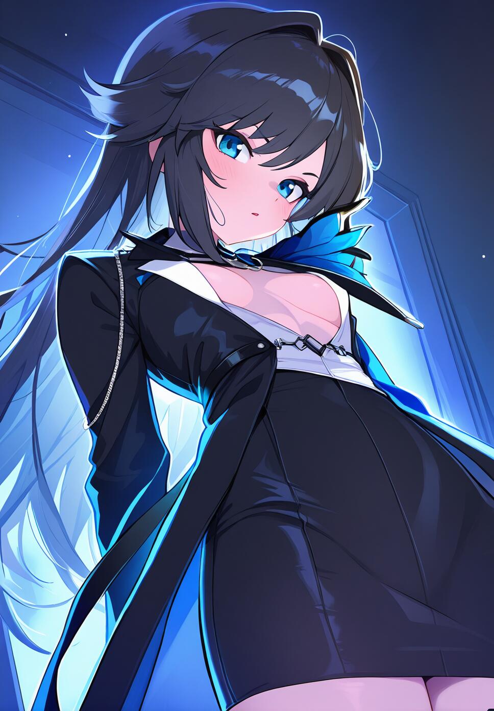 A detailed close-up portrait of a character with intense, beautiful eyes and dramatic, high-contrast lighting in a dystopian setting.