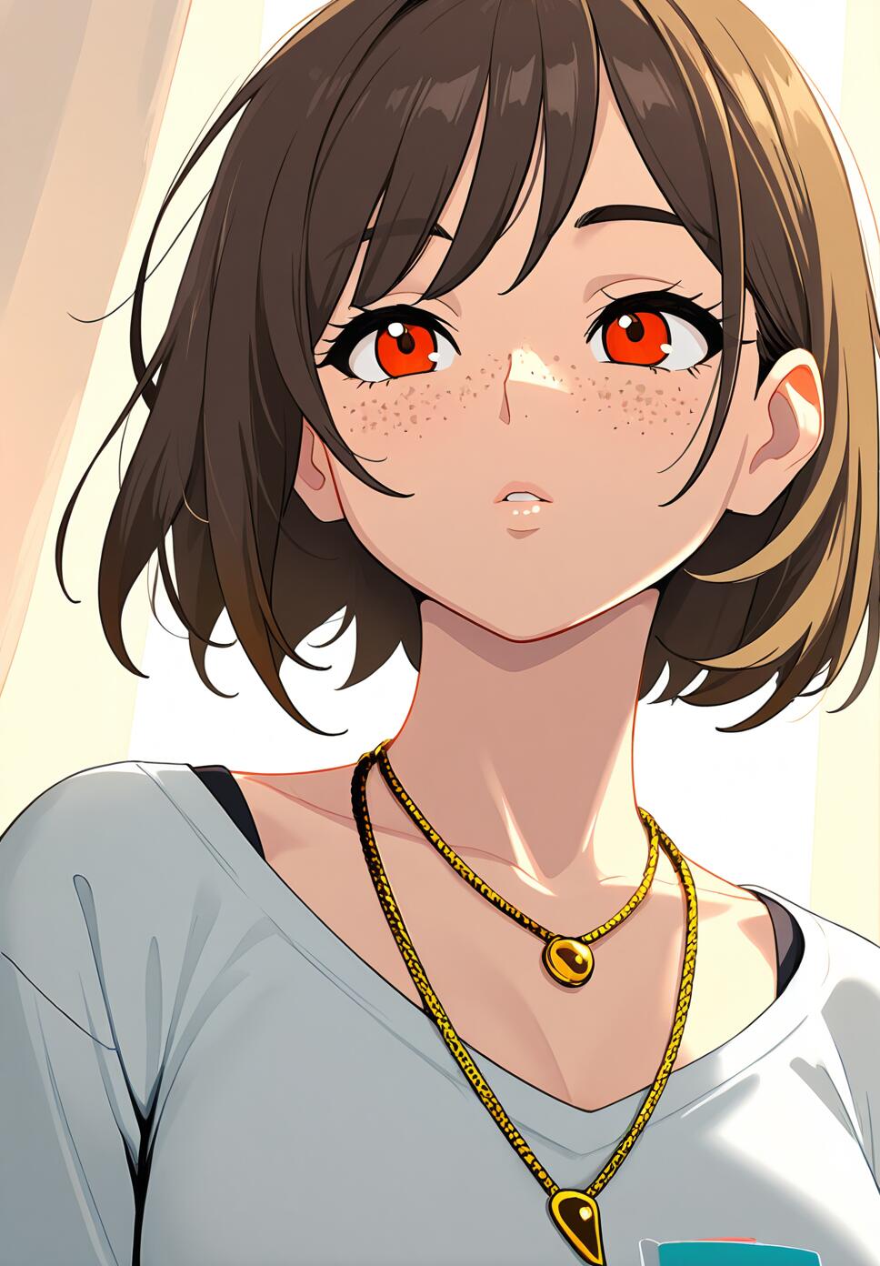 Close-up portrait of a person with expressive dark brown eyes, light freckles, and a thin golden necklace under dramatic lighting.