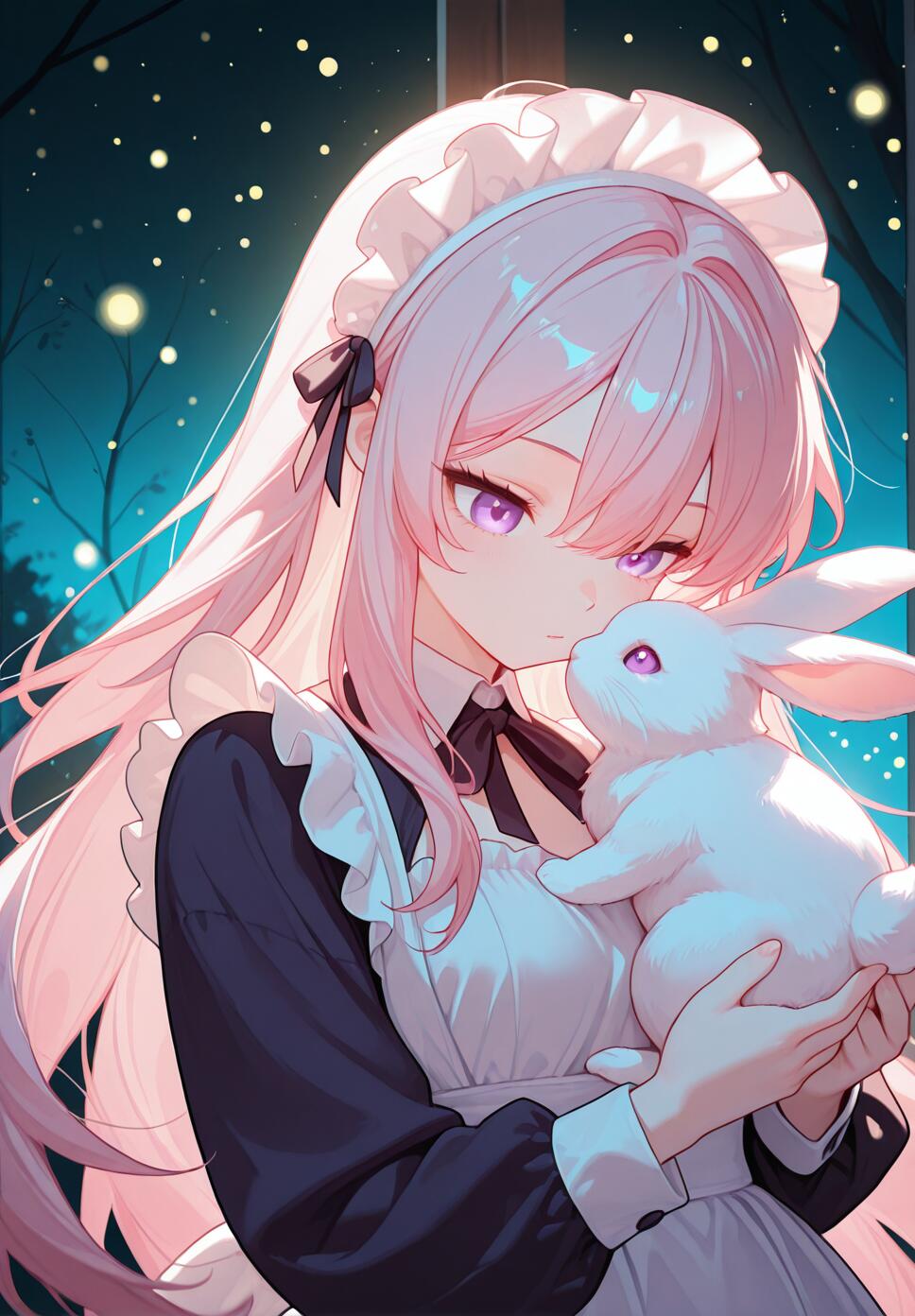 A girl with pink hair and purple eyes holding a rabbit in a moonlit meadow surrounded by glowing fireflies.