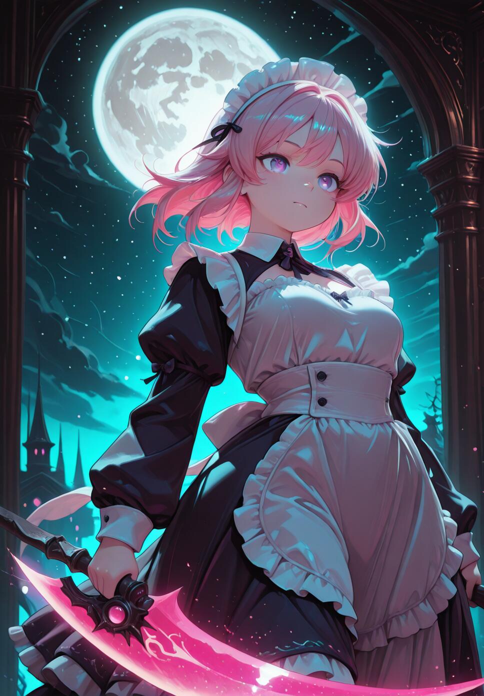 An ethereal illustration of a girl with pink hair and purple eyes wearing a maid outfit and holding a glowing scythe under a full moon.