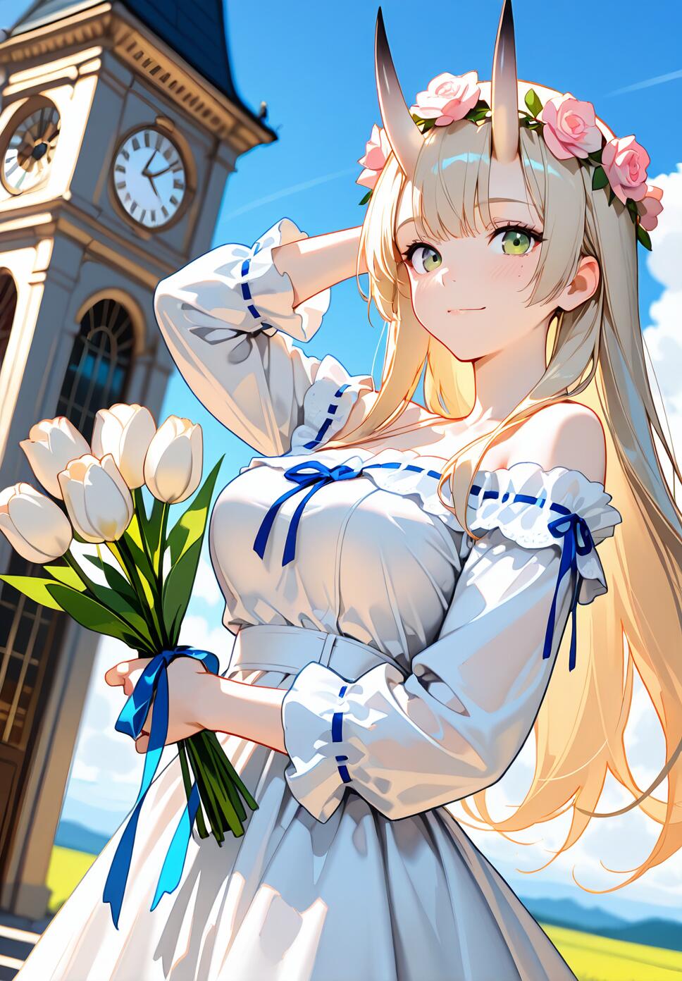 A digital illustration of a platinum blonde woman with oni horns, wearing a white floral dress and a flower crown, holding white tulips in front of Big Ben in London.
