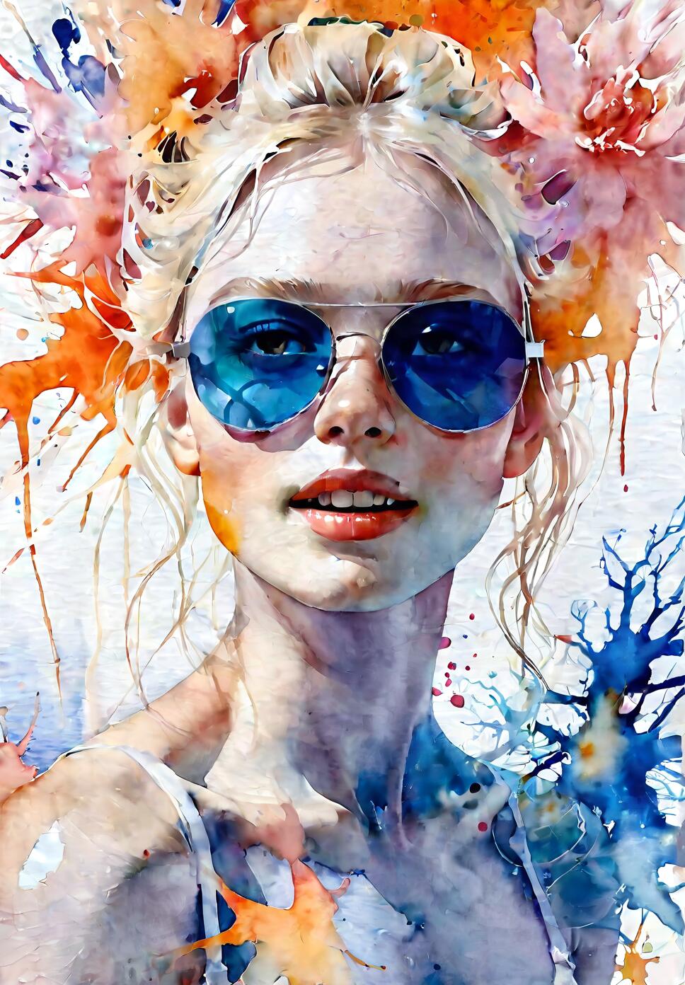 A surreal watercolor portrait of a woman with pale skin, striking blue eyes, and sharp, jagged teeth, featuring a white updo and bold pink eyeshadow.