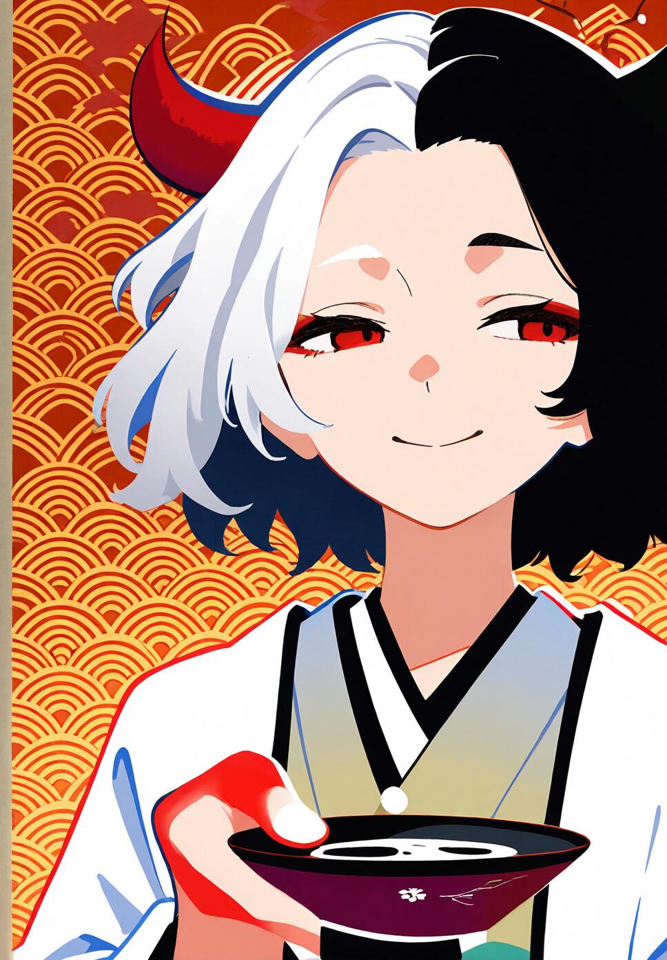 A minimalist portrait of a character with split-color hair and a happy expression against a detailed seigaiha pattern background.