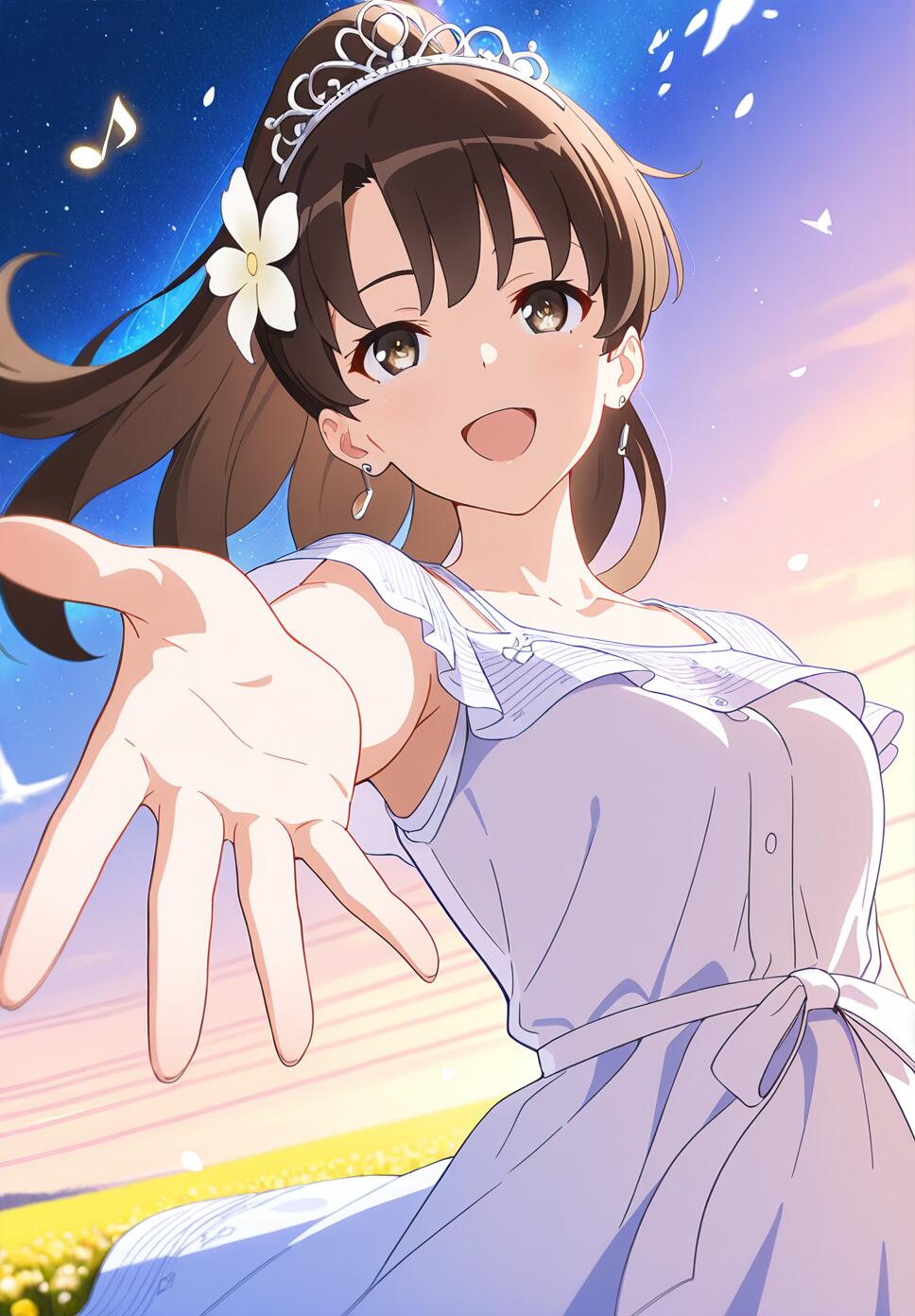 A happy girl with brown hair and a ponytail singing among flowers, butterflies, and musical notes under a beautiful starry night sky.