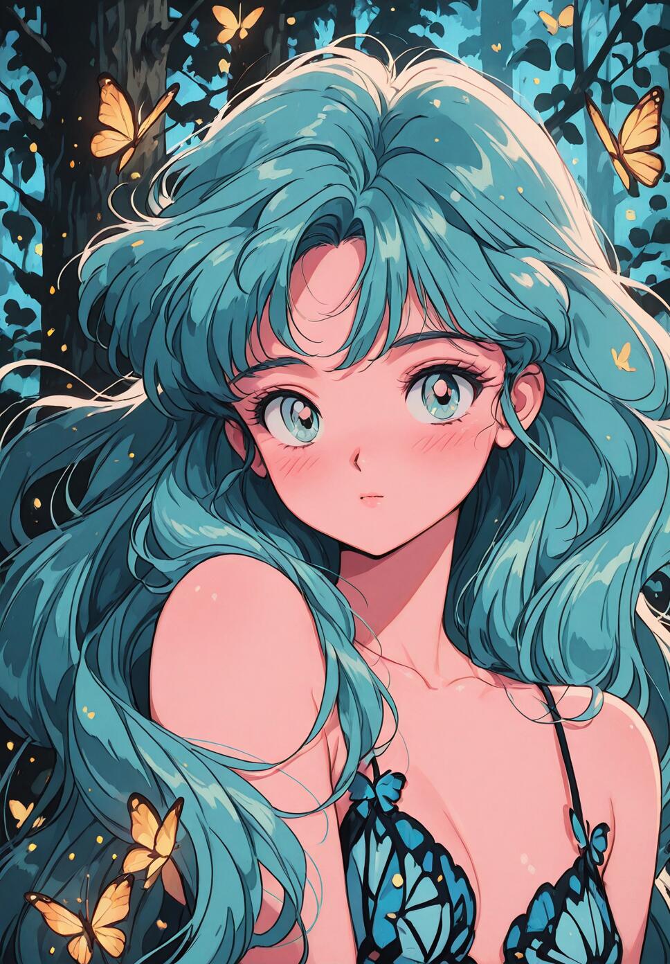 A dreamy retro anime portrait of a girl with flowing hair, surrounded by butterflies and glowing stars in a whimsical forest.