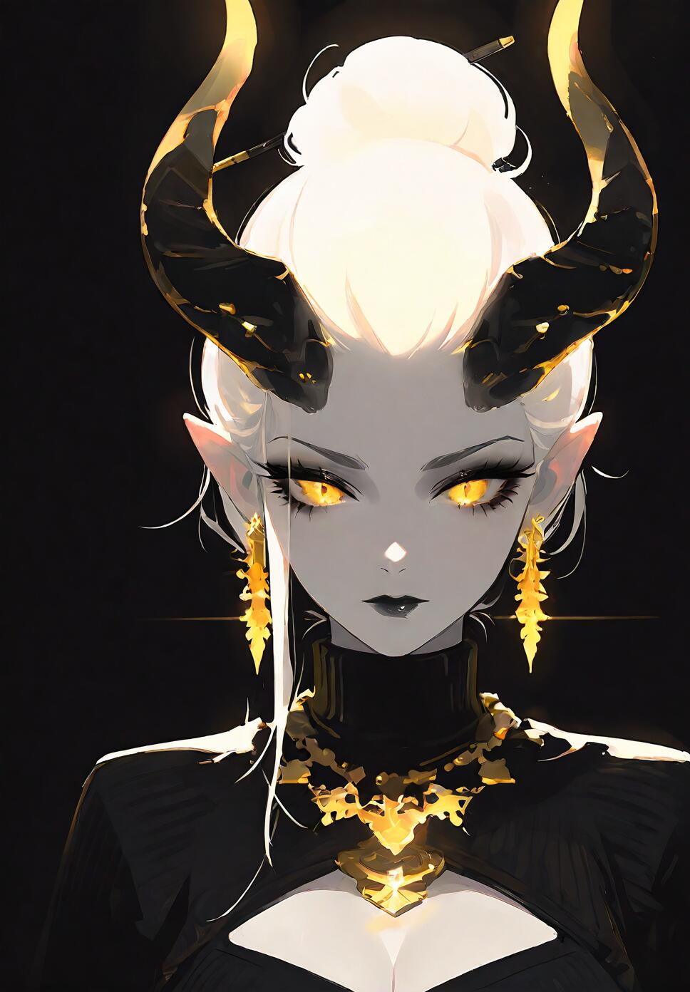 A portrait of a white-haired demon girl with yellow eyes, black horns, and gold jewelry against a dark background.