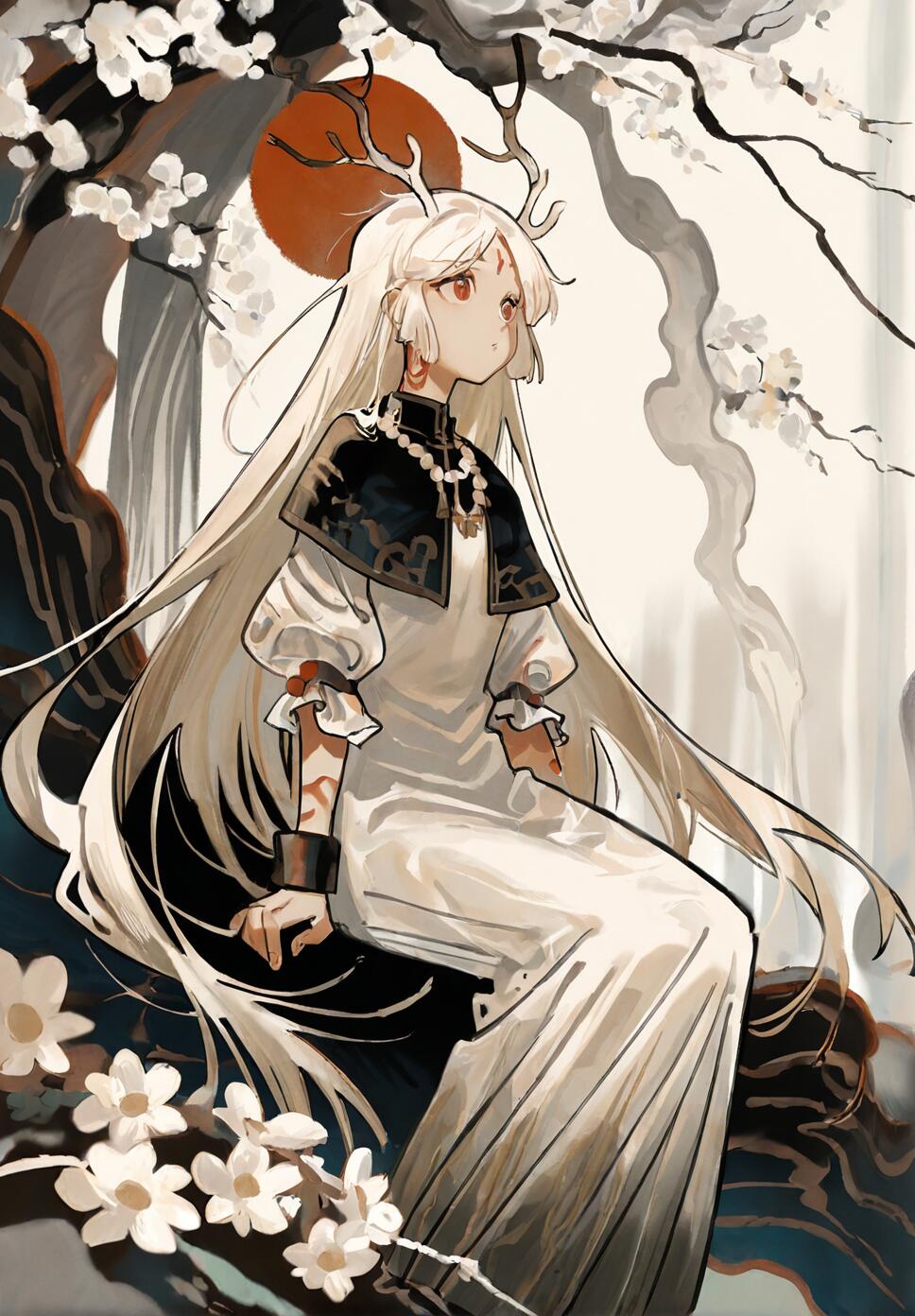 A beautiful girl with white hair and antlers wearing white Chinese-style clothing, sitting in a forest with white flowers.