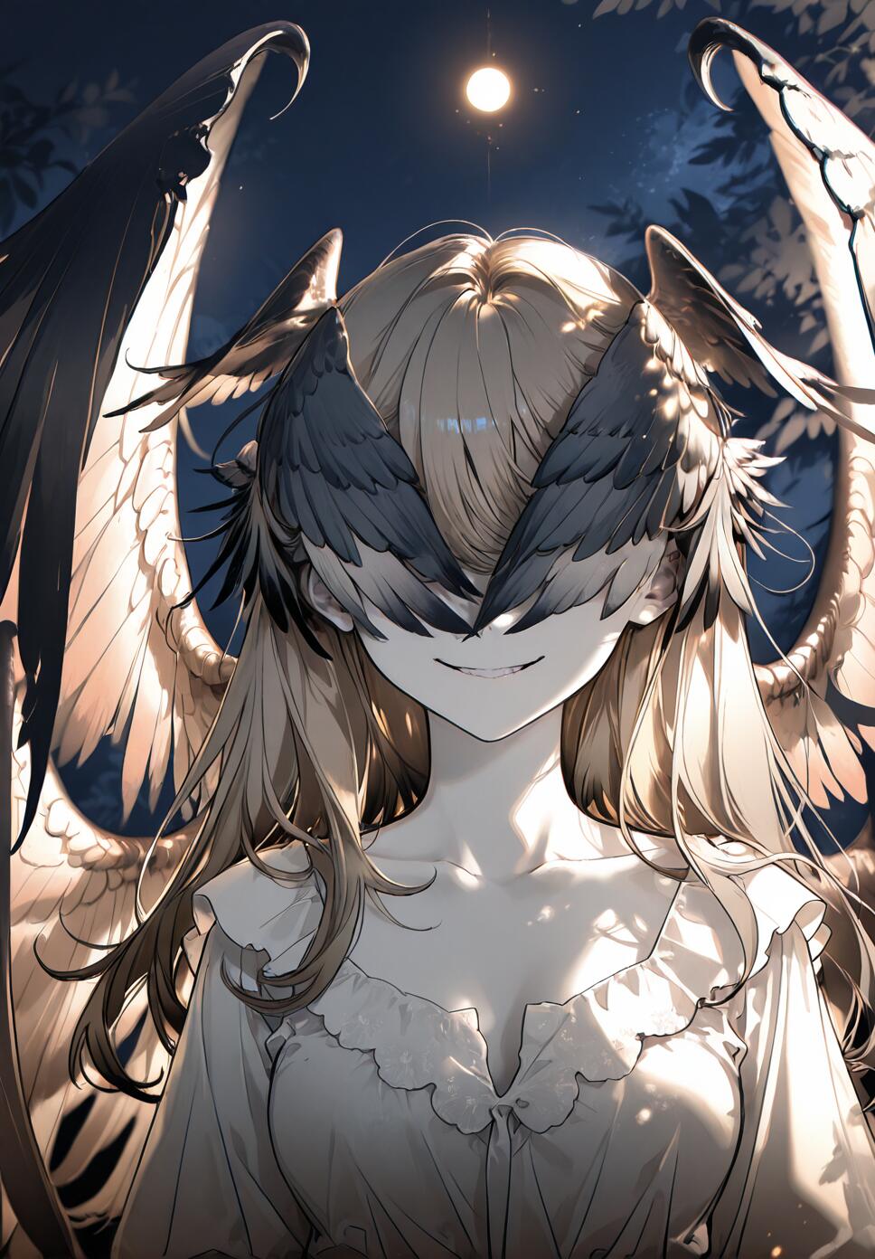 A dark blonde woman with massive feathered wings and head wings partially obscuring her eyes, featuring an evil grin under a dramatic night sky with glowing light particles.