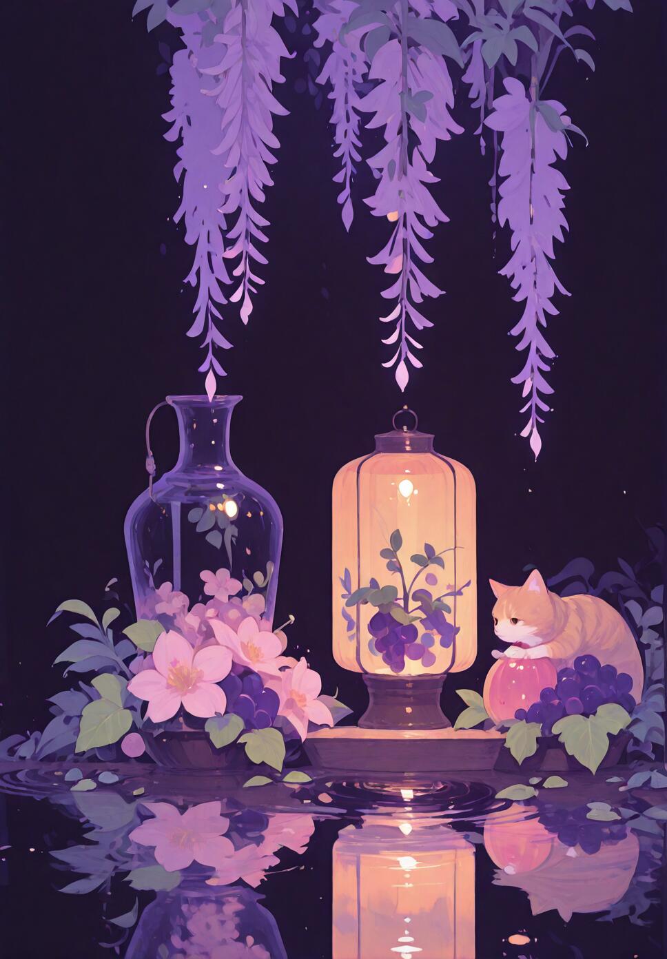 A flat vector illustration featuring wisteria, pink blossoms, grapes, and a cat near a lantern with water ripples and reflections.