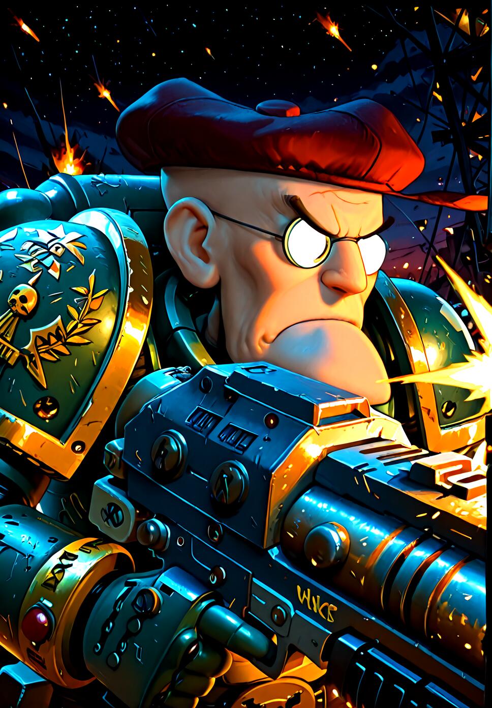 Eustace Bagge from Courage the Cowardly Dog as a Space Marine in power armor firing a heavy bolter on a battlefield.