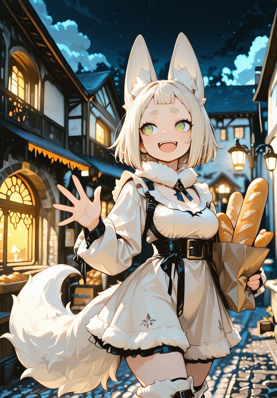A platinum blonde fox girl with green eyes and a white fur-trimmed dress walking past a medieval bakery at night, holding a baguette.