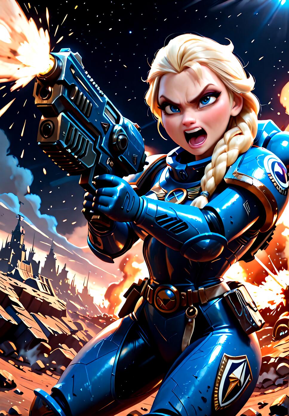 A blonde female Space Marine with a single braid and blue eyes, yelling while firing a heavy bolter in power armor on a battlefield.