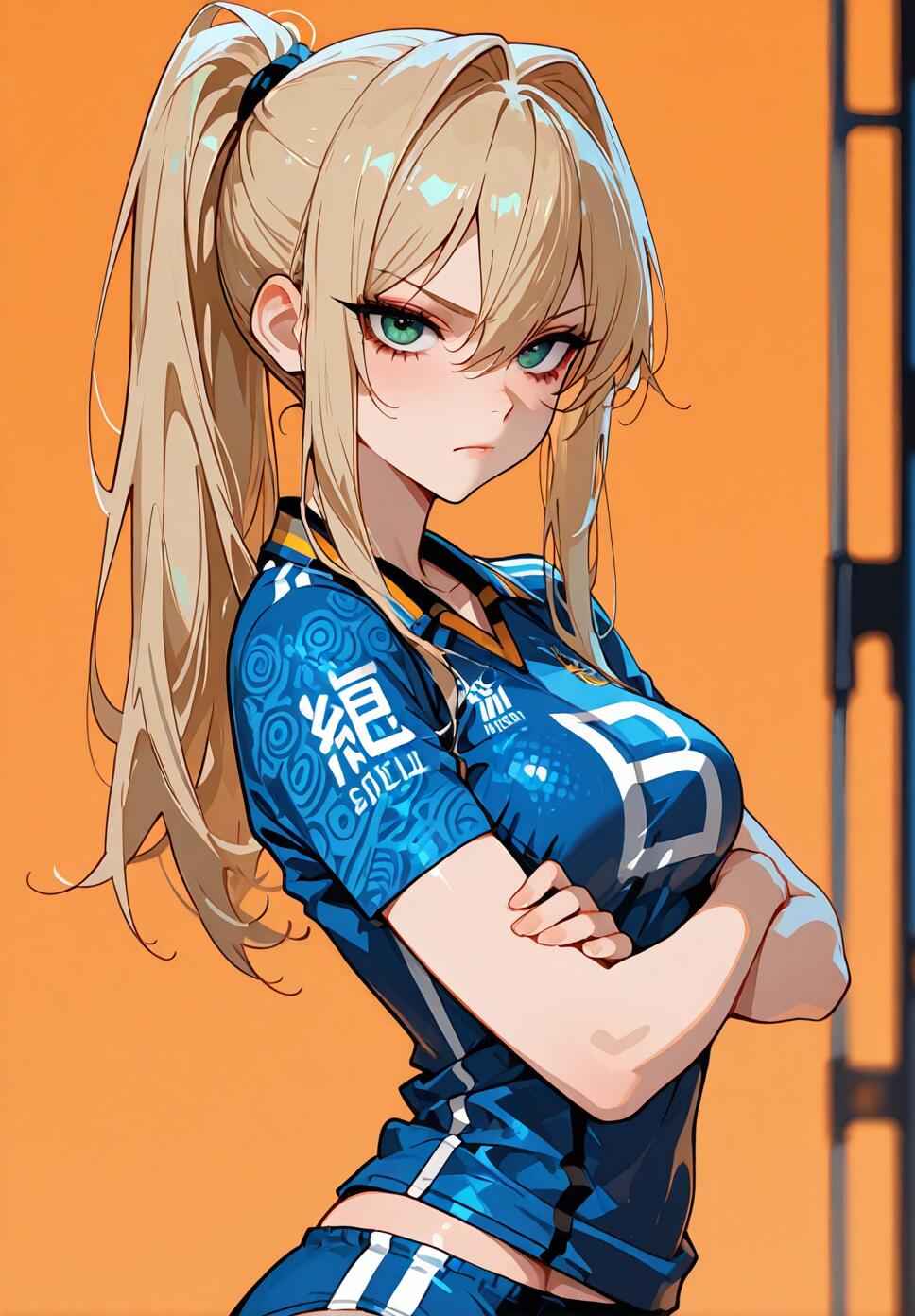 A digital illustration of an athletic blonde girl with green eyes and a high ponytail, wearing a blue volleyball uniform and posing with arms crossed against a bright orange background.
