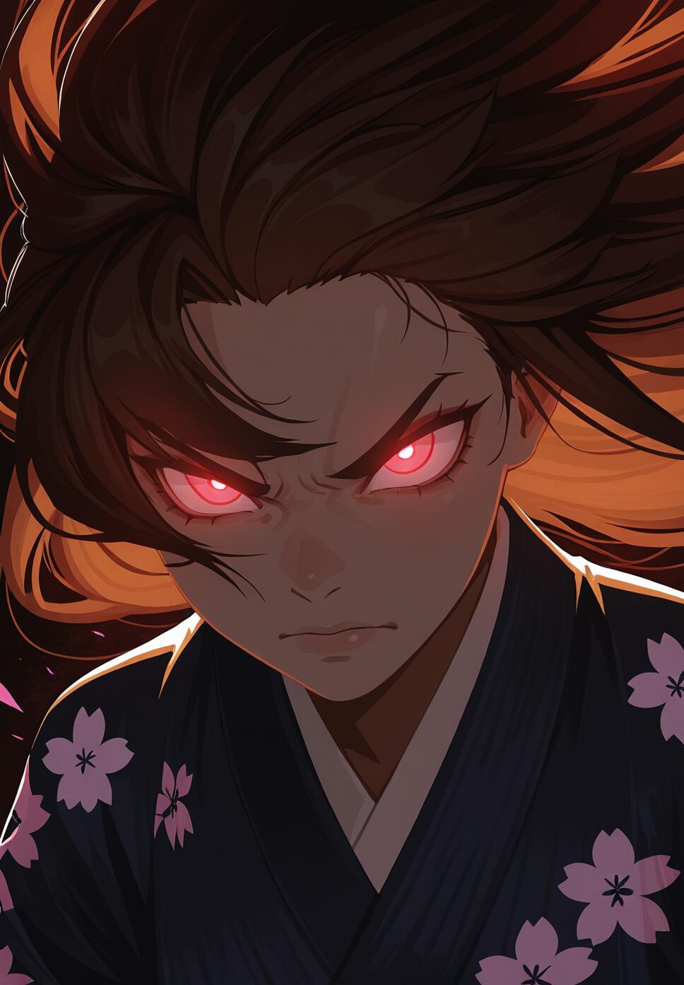 Close-up portrait of a woman with glowing eyes and a fierce expression, wearing a patterned kimono amidst swirling cherry blossoms.