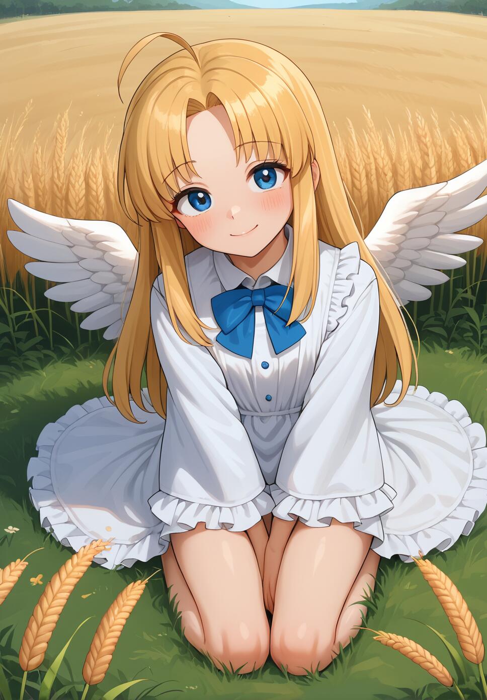 Filo from The Rising of the Shield Hero with blonde hair, blue eyes, and white wings sitting in a wheat field haystack.