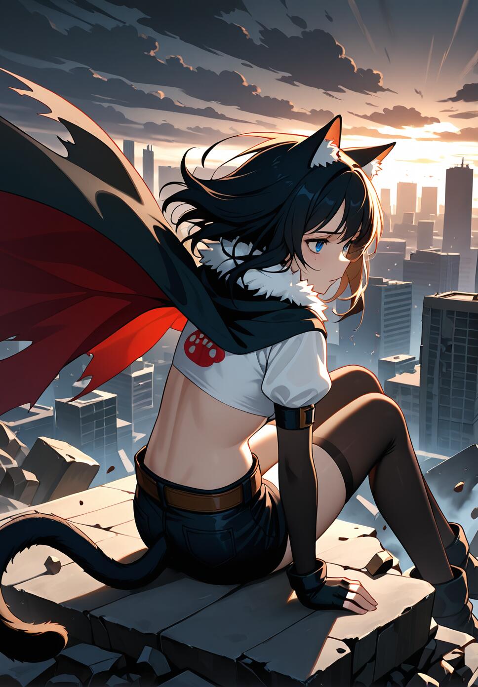 Fran from Final Fantasy XII sitting on rubble in a dark, ruined urban cityscape with a red and black cape and white armor.