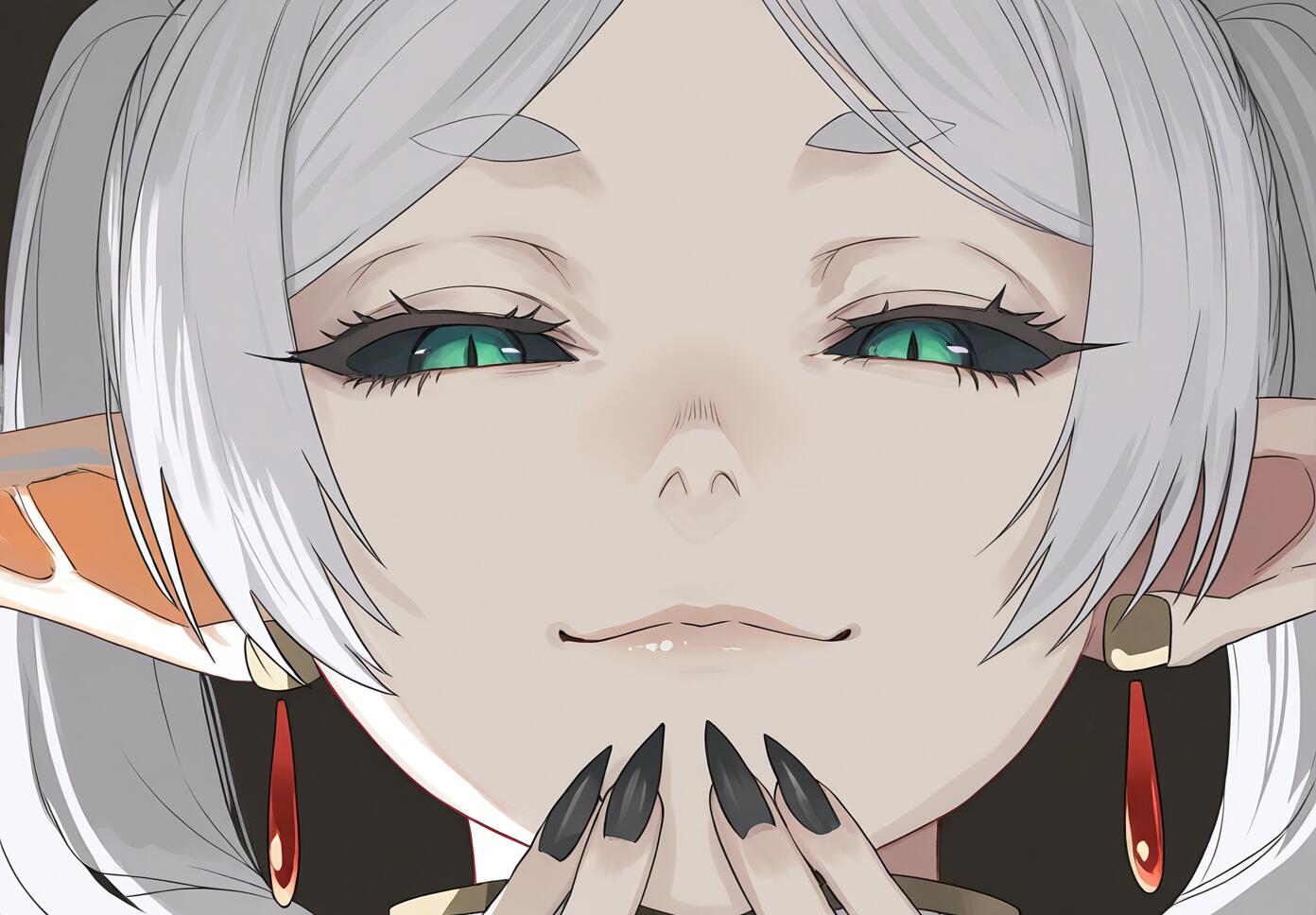 A portrait of Frieren from Frieren: Beyond Journey's End with green eyes, black sclera, and a smirk, looking down at the viewer.