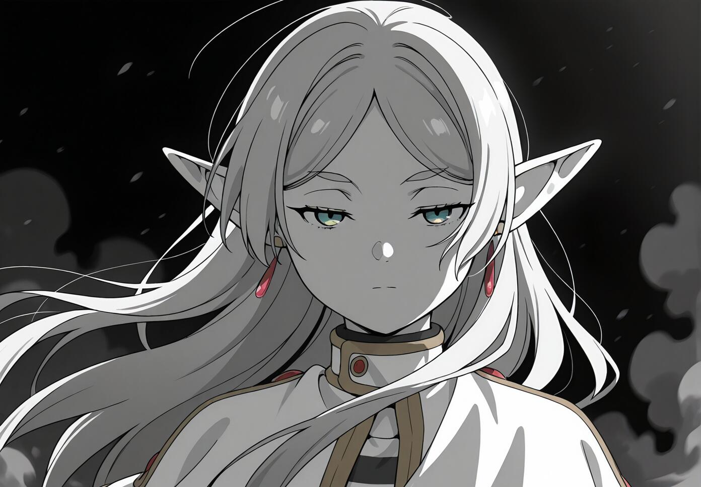 A dark, greyscale anime portrait of Frieren from Sousou no Frieren featuring long grey hair, green eyes, and a white capelet with dramatic backlighting and dust particles.