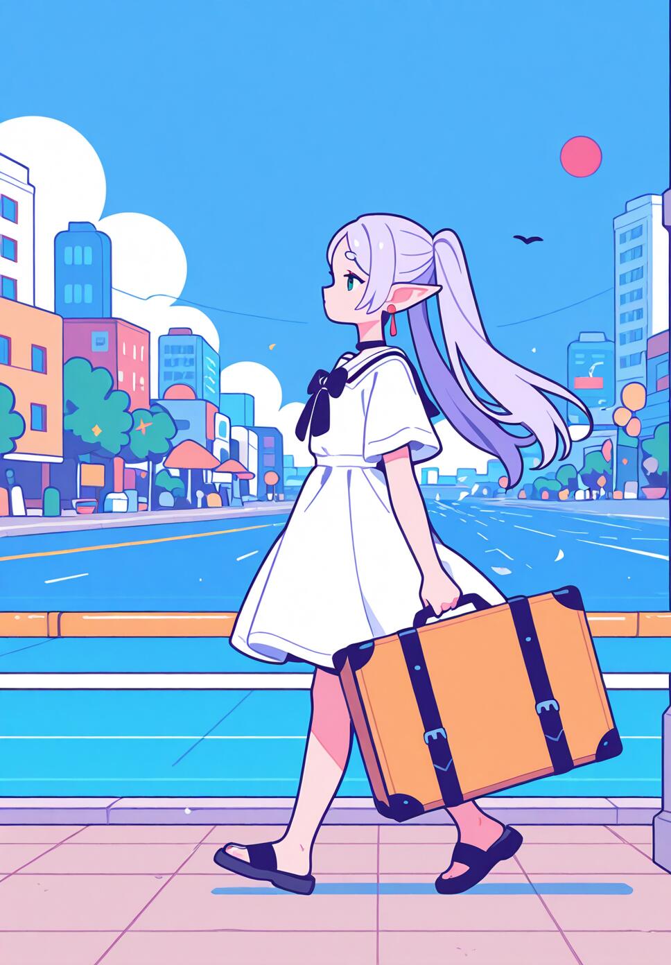 A flat vector illustration of the character Frieren from Frieren: Beyond Journey's End walking through a sunny city street during summer.