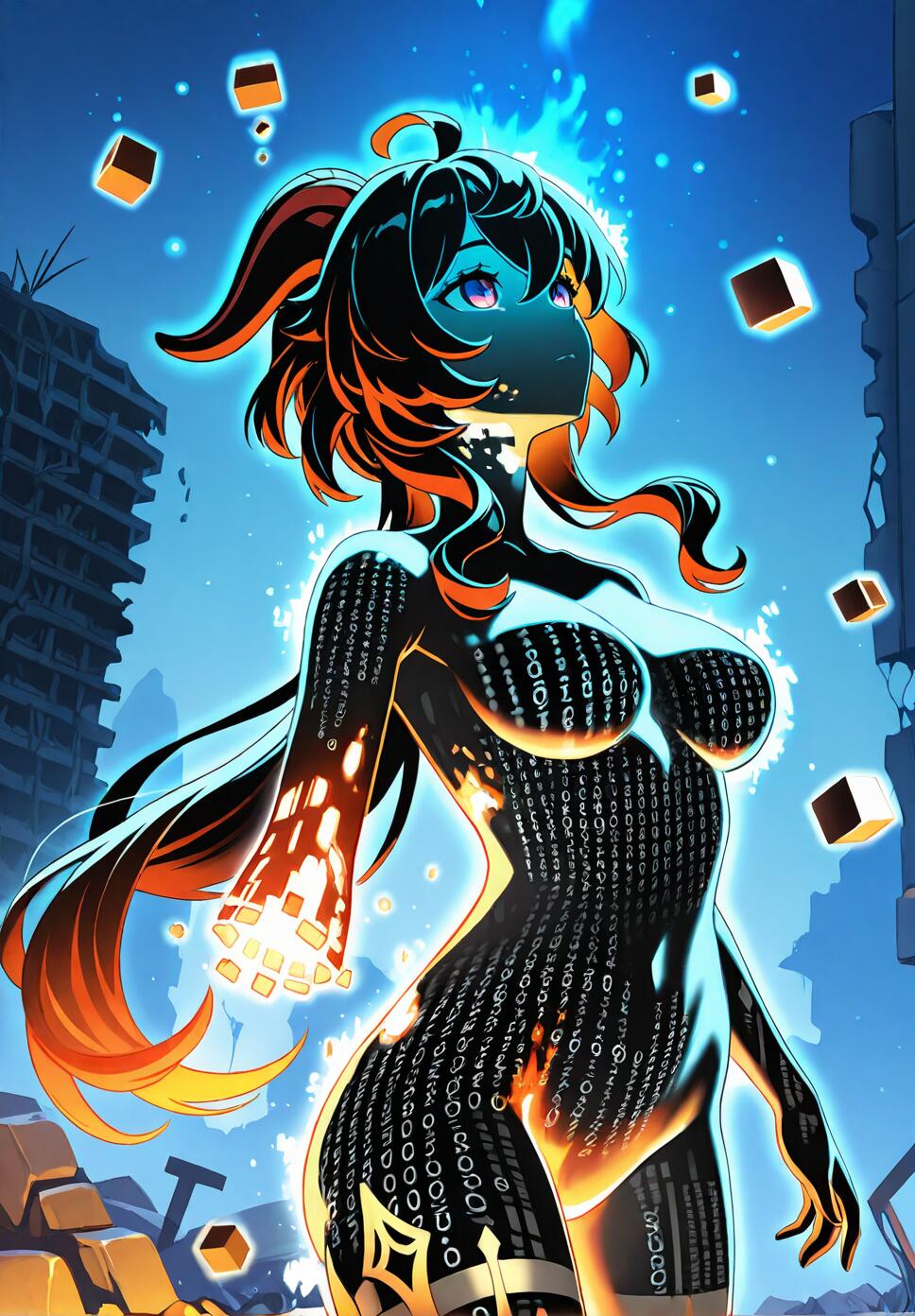 A dramatic close-up of Ganyu from Genshin Impact, showing her form fragmenting into black cubes and digital particles amidst ruins at night.