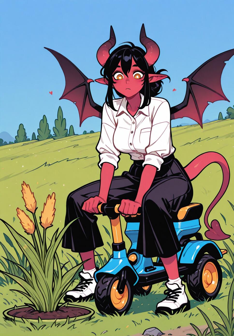 A mature black-haired succubus with horns and demonic wings sitting on a lawn mower in a field of tall, overgrown weeds.