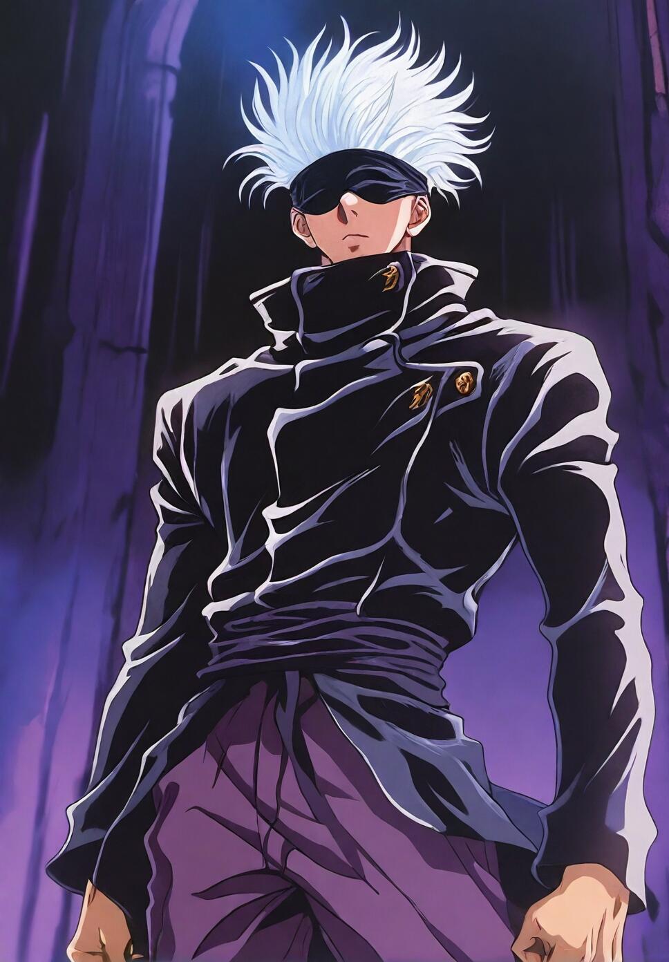 Gojo Satoru from Jujutsu Kaisen with white hair and a black blindfold wearing a purple outfit in a dark fantasy style.