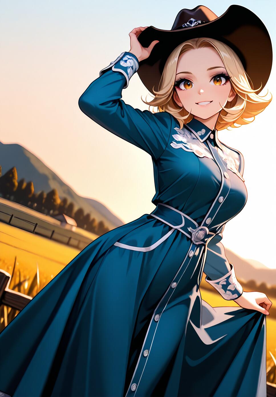 A smiling blonde woman wearing a black cowboy hat and a blue patterned dress, standing in a farm field with horses during golden hour.