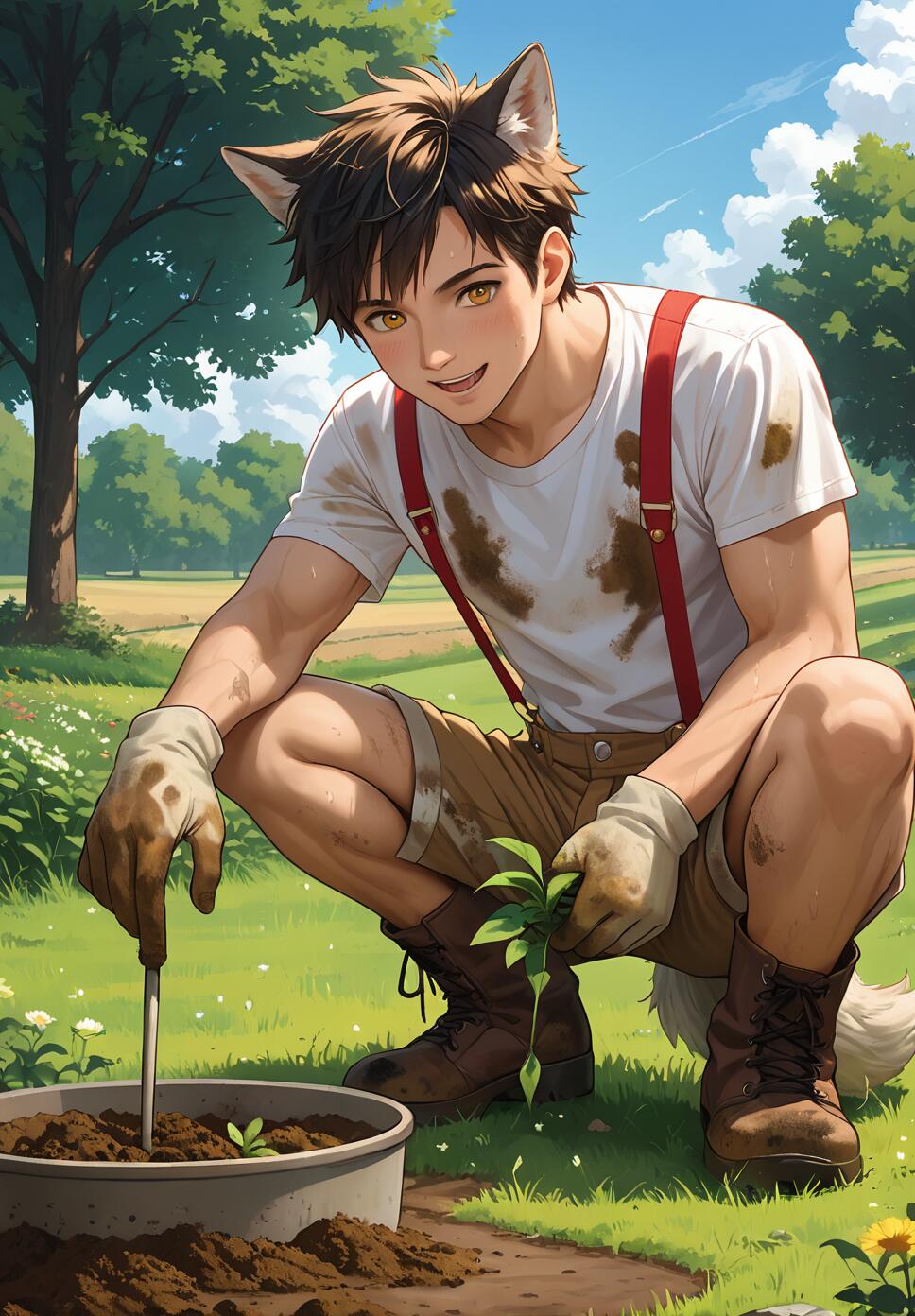 A happy wolf boy with black hair, amber eyes, and wolf ears squatting in a grassy field, digging in the soil during golden hour.