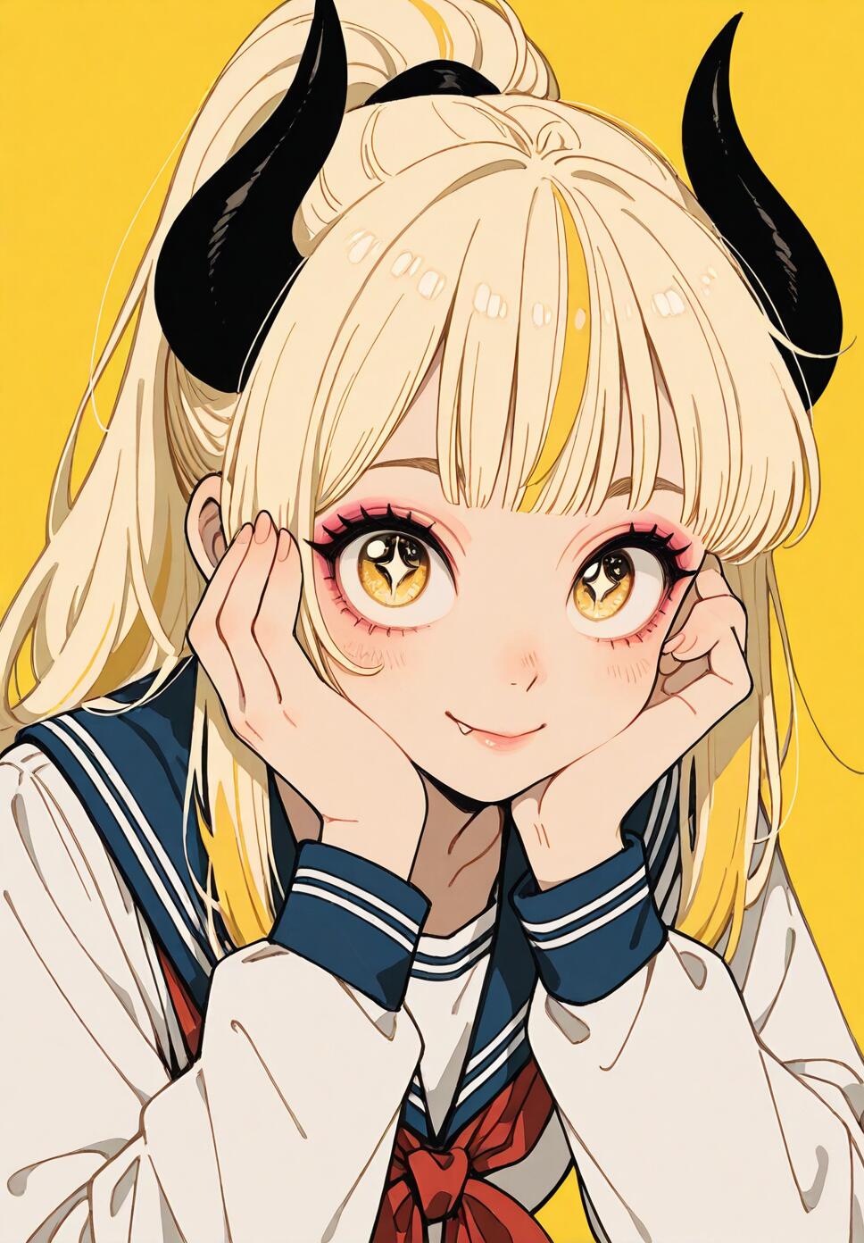 Retro anime-style illustration of a smiling girl with blonde streaked hair, black demon horns, and star-shaped yellow eyes wearing a blue sailor uniform.