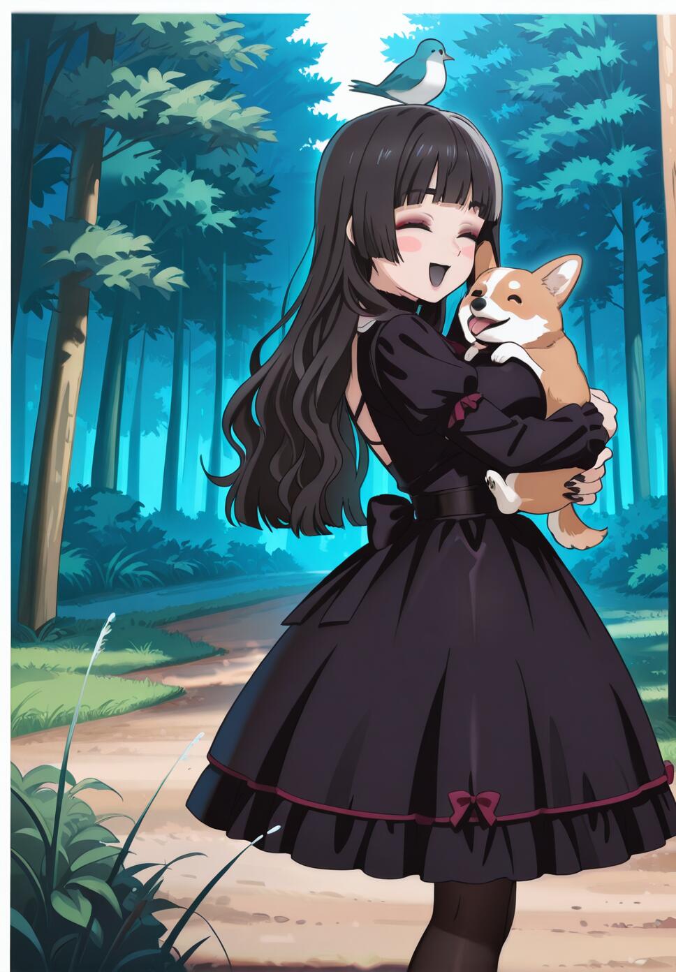 A happy girl with black hime-cut hair wearing gothic clothing, hugging a Welsh Corgi with a bird on her head in a nature setting.
