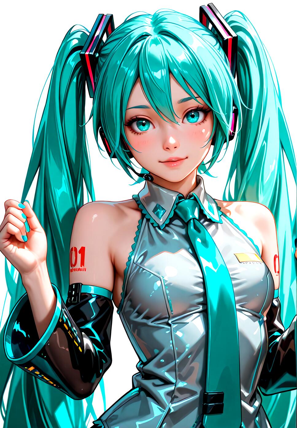 A split-screen anime illustration of Hatsune Miku from Vocaloid, featuring her iconic teal pigtails and futuristic character design.