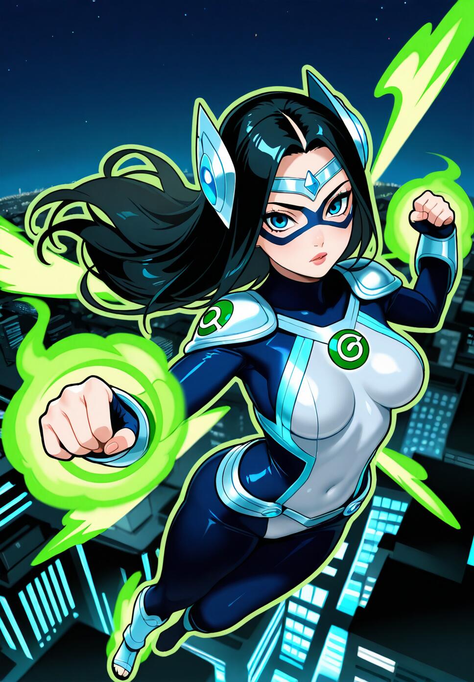 Irelia from League of Legends wearing a Green Lantern-inspired outfit, floating above a city skyline at night with glowing green energy and a power ring.