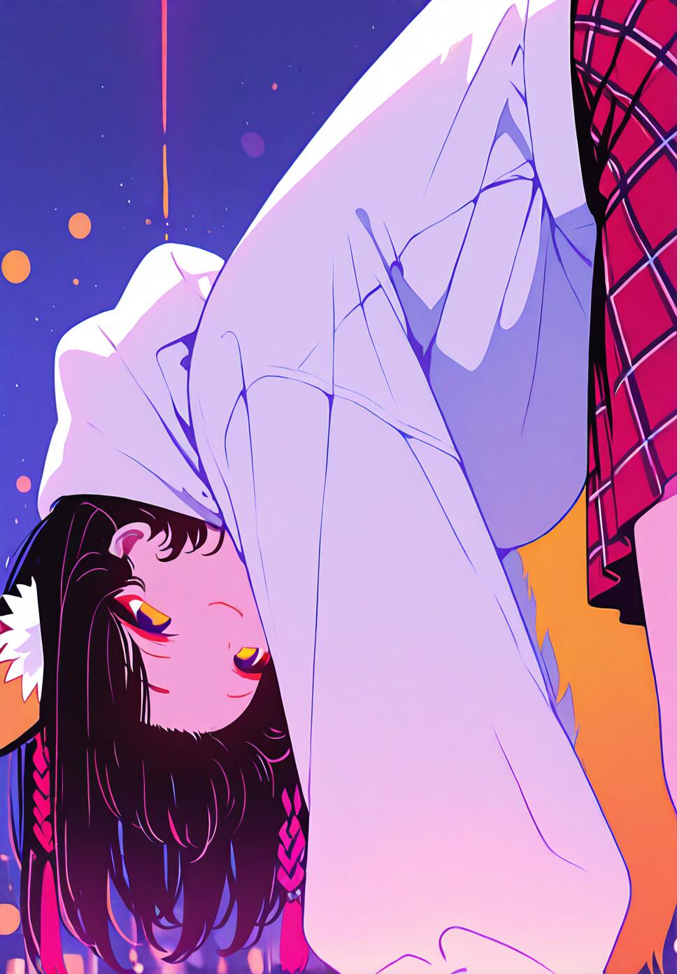 A close-up view of Izuna from Blue Archive wearing an oversized white hoodie and a red plaid skirt, looking back with animal ears in a neon-lit city setting.