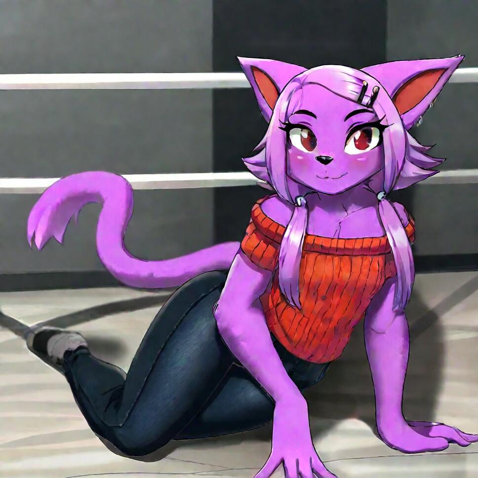 Full body portrait of Jessica (BCB), a purple-furred anthro catgirl with crimson eyes, twintails, and a cozy sweater.